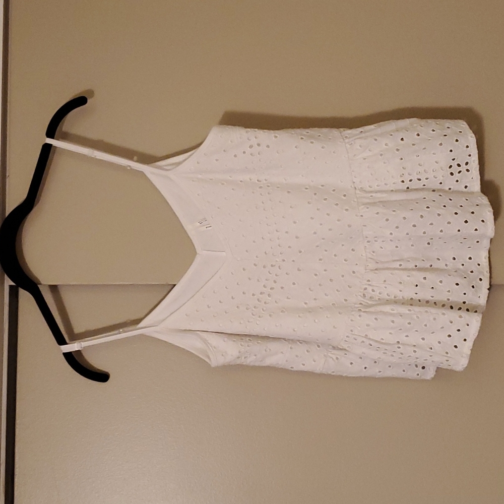 Anthropologie White Eyelet Spaghetti Strap Peplum White Top Sz Small
